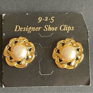 Vintage Gold tone & faux Pearl Designer Shoe Clips.